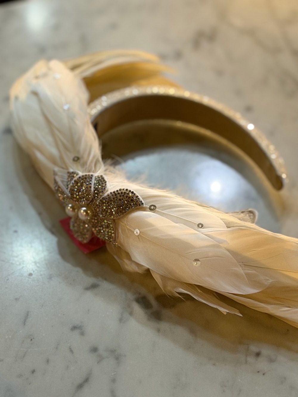 Ivory Feather Headband with Crystal Floral Accent Josphine Baker Style Headbandq